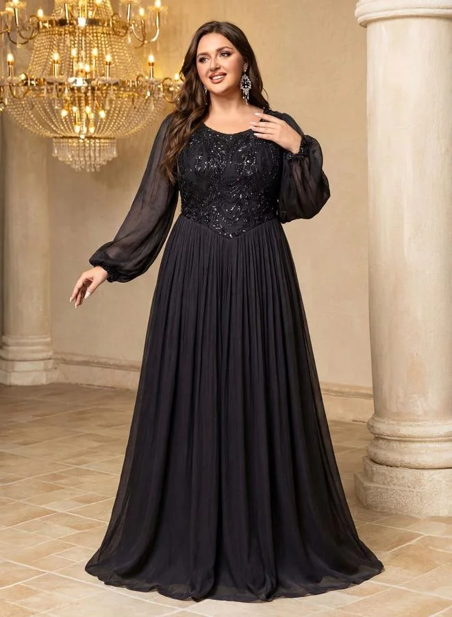 Supgir Plus Size Black Beads Embellished A-Line Maxi Dress