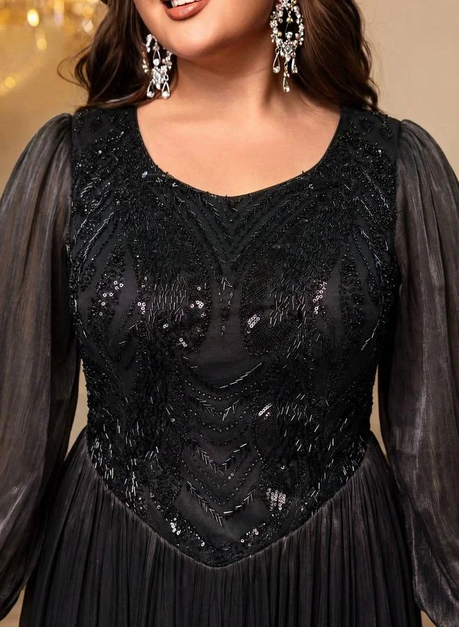 Supgir Plus Size Black Beads Embellished A-Line Maxi Dress