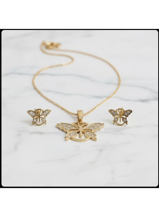DubaiGallery Elegant Gold Butterfly Necklace and Earring Set with Sparkling Stones, Luxury Butterfly Jewelry Set – Gold-Plated Necklace & Stud Earrings with Crystals, Dainty Gold Butterfly Pendant Necklace and Earrings Set for Women, Gold Butterfly Jewelry Set for Women – Elegant Necklace & Earrings with Cubic Zirconia, Butterfly Charm Necklace and Earrings Set – Gold-Plated, Crystal Embellished  Graceful Butterfly Gold Jewelry Set – Pendant Necklace & Stud Earrings Gift for Her - Image 1