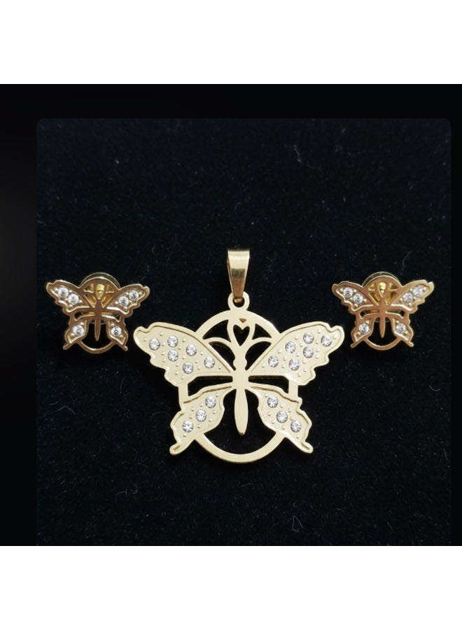 DubaiGallery Elegant Gold Butterfly Necklace and Earring Set with Sparkling Stones, Luxury Butterfly Jewelry Set – Gold-Plated Necklace & Stud Earrings with Crystals, Dainty Gold Butterfly Pendant Necklace and Earrings Set for Women, Gold Butterfly Jewelry Set for Women – Elegant Necklace & Earrings with Cubic Zirconia, Butterfly Charm Necklace and Earrings Set – Gold-Plated, Crystal Embellished  Graceful Butterfly Gold Jewelry Set – Pendant Necklace & Stud Earrings Gift for Her - Image 3