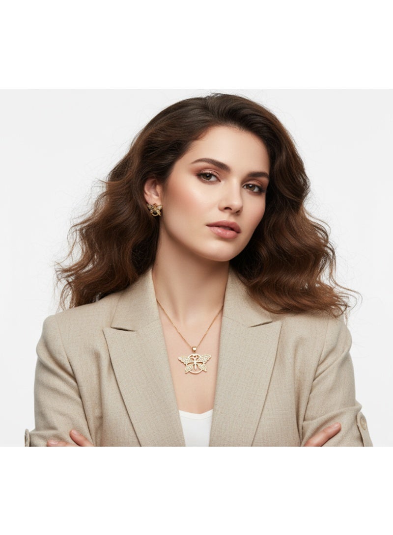 DubaiGallery Elegant Gold Butterfly Necklace and Earring Set with Sparkling Stones, Luxury Butterfly Jewelry Set – Gold-Plated Necklace & Stud Earrings with Crystals, Dainty Gold Butterfly Pendant Necklace and Earrings Set for Women, Gold Butterfly Jewelry Set for Women – Elegant Necklace & Earrings with Cubic Zirconia, Butterfly Charm Necklace and Earrings Set – Gold-Plated, Crystal Embellished  Graceful Butterfly Gold Jewelry Set – Pendant Necklace & Stud Earrings Gift for Her - Image 5