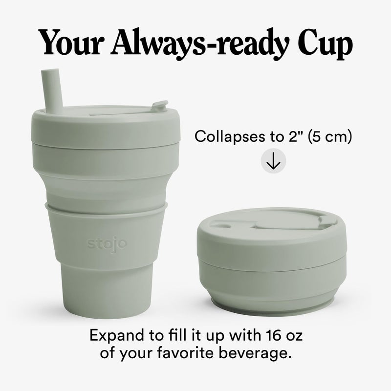 ستوجو STOJO Collapsible Travel Cup With Straw - Sage Green, 16oz / 470ml - Reusable To-Go Pocket Size Silicone Bottle for Hot and Cold Drinks - Perfect for Camping and Hiking - Microwave  Dishwasher Safe - Image 2