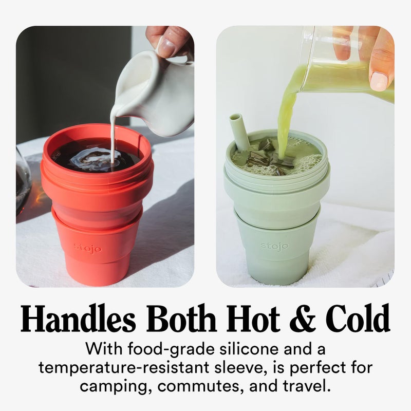 ستوجو STOJO Collapsible Travel Cup With Straw - Sage Green, 16oz / 470ml - Reusable To-Go Pocket Size Silicone Bottle for Hot and Cold Drinks - Perfect for Camping and Hiking - Microwave  Dishwasher Safe - Image 4