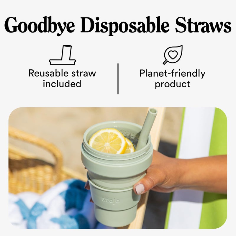 ستوجو STOJO Collapsible Travel Cup With Straw - Sage Green, 16oz / 470ml - Reusable To-Go Pocket Size Silicone Bottle for Hot and Cold Drinks - Perfect for Camping and Hiking - Microwave  Dishwasher Safe - Image 3
