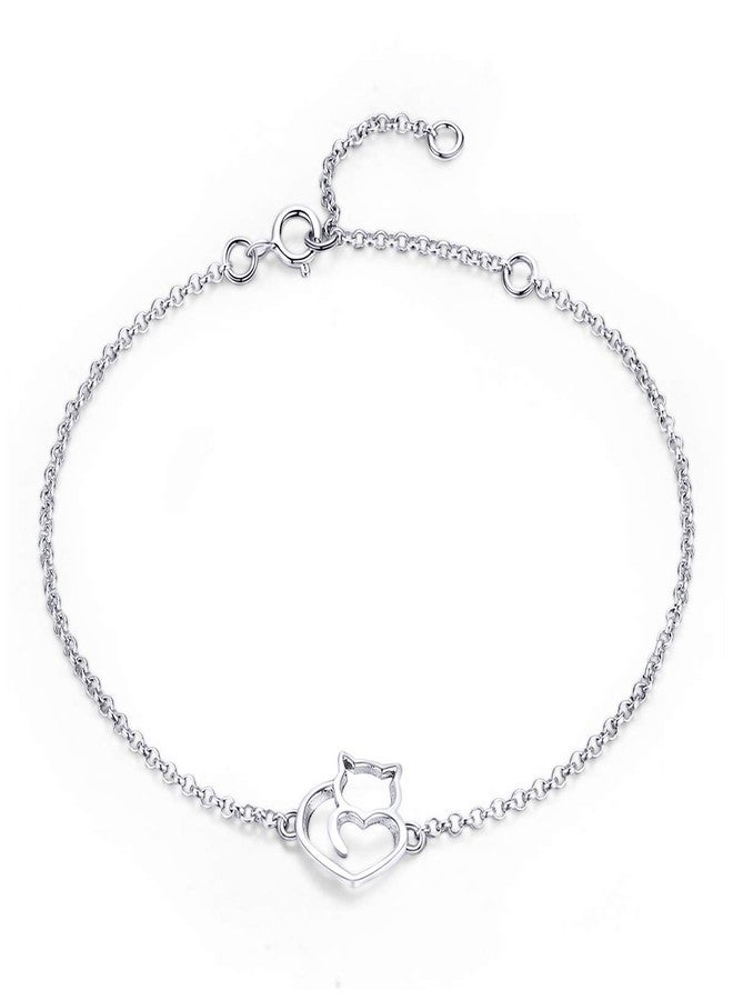 WOSTU Adjustable Silver Cat Mom Bracelet - 925 Sterling Silver Friendship Memorial Healing Jewelry for Women, BFF & Cat Lovers Anklet Good Luck Bracelet - Image 1