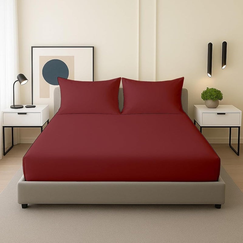 FOAM CRAFT 3 Piece Fitted Sheet Set - Queen Size Fitted Bed Sheet & 2 Pillow Shams, 100% Cotton, 300TC, Burgundy - Image 1