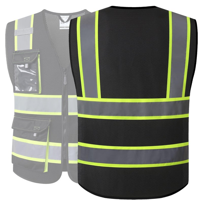JKSafety سترات السلامة العاكسة عالية الوضوح للرجال والنساء مع جيوب - سترة شبكية للسلامة - سترة نيون للعمل (220-أسود S) - Image 5