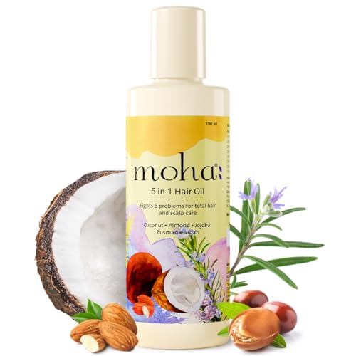 Moha 5-In-1 Ayurvedic Hair Oil with Blend of Rosemary, Coconut, Argan, Jojoba & Almond for Improvement in Hair Growth & Reductiond in Dandruff | Ayurvedic Hair Oil for Hair Loss, Breakage, Frizzy & Hair Thinning | Add Shine, Softens Hair, Damage Protection, Non-Sticky, Lightweight & Strengthening | Clinically Proven for 63% Reduce in Hair Fall - 100 Ml (Pack of 1) - Image 1