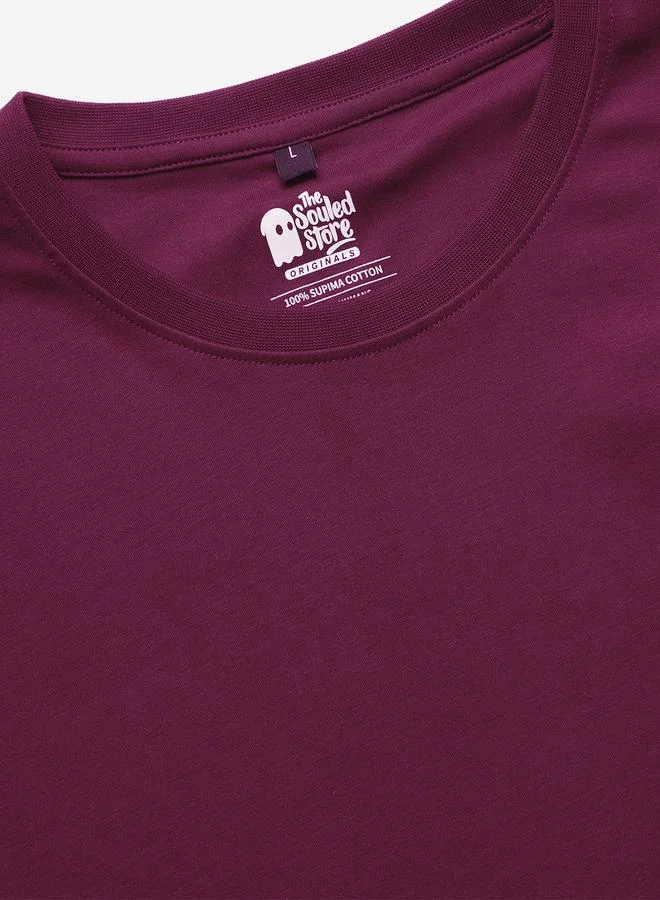The Souled Store Men Burgundy Plain Interlock Cotton T-Shirt