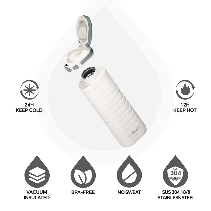 IDEUS Insulated Stainless Steel Water Bottle 14 oz Lockable Lid & Leakproof Travel Coffee Mug for Hot/Cold Beverages Fits Most Cup Holder (White) - Image 3