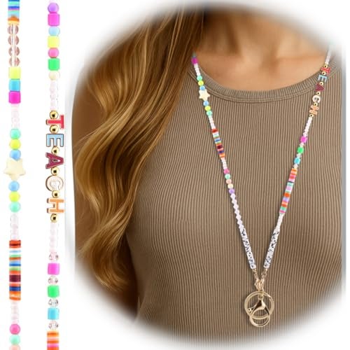MyfavoriteK Colorful Beaded Lanyard for ID Badge Fun Necklace Teacher Lanyard Cute Lanyard for Teachers Nurses Students (Teach) - Image 1