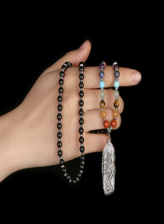 Jovivi Natural Black Obsidian 7 Chakras Healing Crystals Necklace Wire Wrapped Clear Quartz Pendant Healing Pointed Reiki Energy Balancing - Image 3