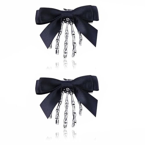 Utavu 2Pcs Skeleton Hand Hair Clips with Bowknot - Cute Skull Claw Hairpins for Girls, Party Cosplay - Image 1