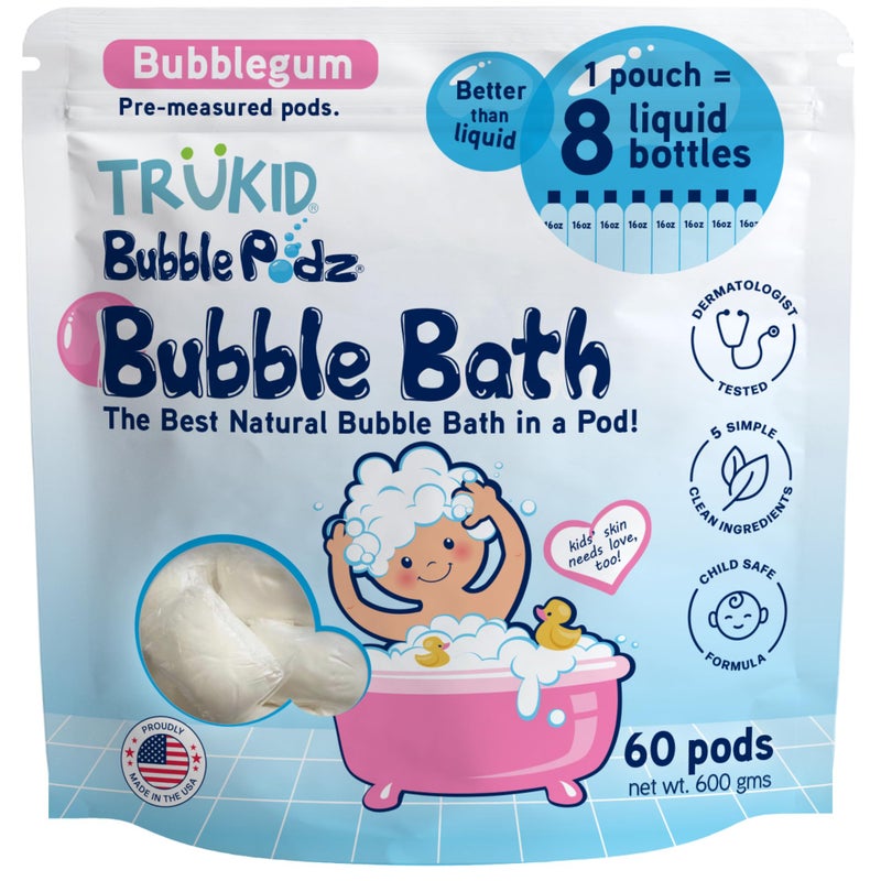 TruKid Bubble Podz Bubble Bath for Kids, Toddlers, & Babies, Tear Free Gentle & Refreshing Bath Bomb for Sensitive Skin with Natural Moisturizers, Non-Toxic, pH Balanced, Bubble Gum Scent (60 Podz) - Image 1