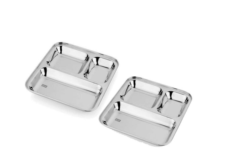AVIROM Set of 2 Pieces Heavy Duty Stainless Steel 3 in 1 Pav Bhaji Dinner Plate Three Compartment Dinner Plate - Image 1