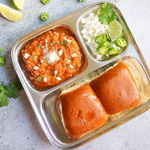 AVIROM Set of 2 Pieces Heavy Duty Stainless Steel 3 in 1 Pav Bhaji Dinner Plate Three Compartment Dinner Plate - Image 4