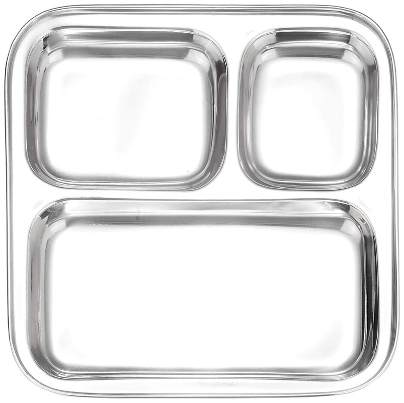 AVIROM Set of 2 Pieces Heavy Duty Stainless Steel 3 in 1 Pav Bhaji Dinner Plate Three Compartment Dinner Plate - Image 2