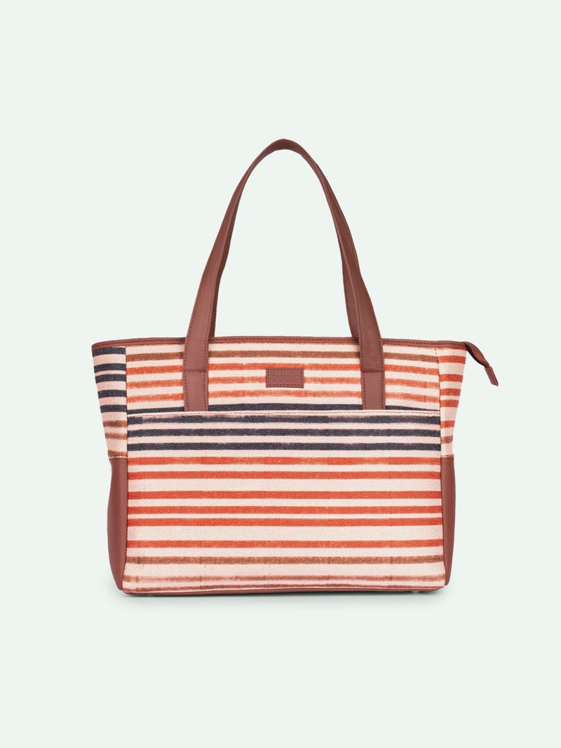 ZOUK Qutub Stripes Printed Jute Handcrafted Vegan Leather Multicolor Mother's Bag| Diaper Tote Bag - Image 2