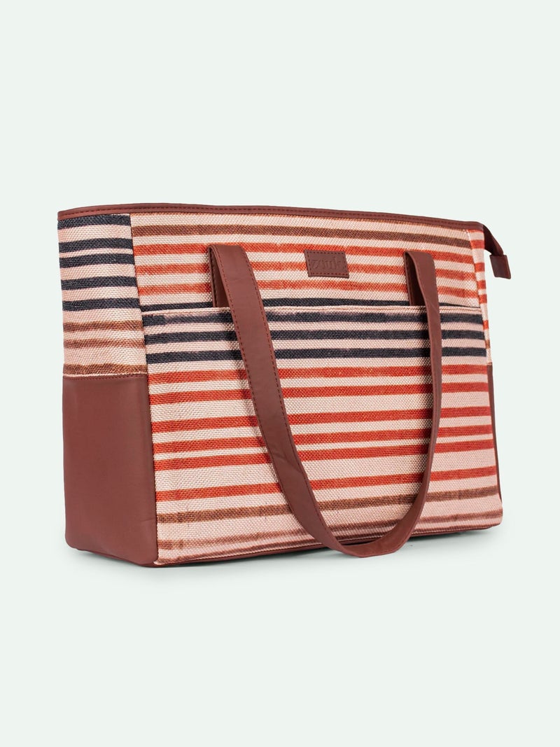 ZOUK Qutub Stripes Printed Jute Handcrafted Vegan Leather Multicolor Mother's Bag| Diaper Tote Bag - Image 3