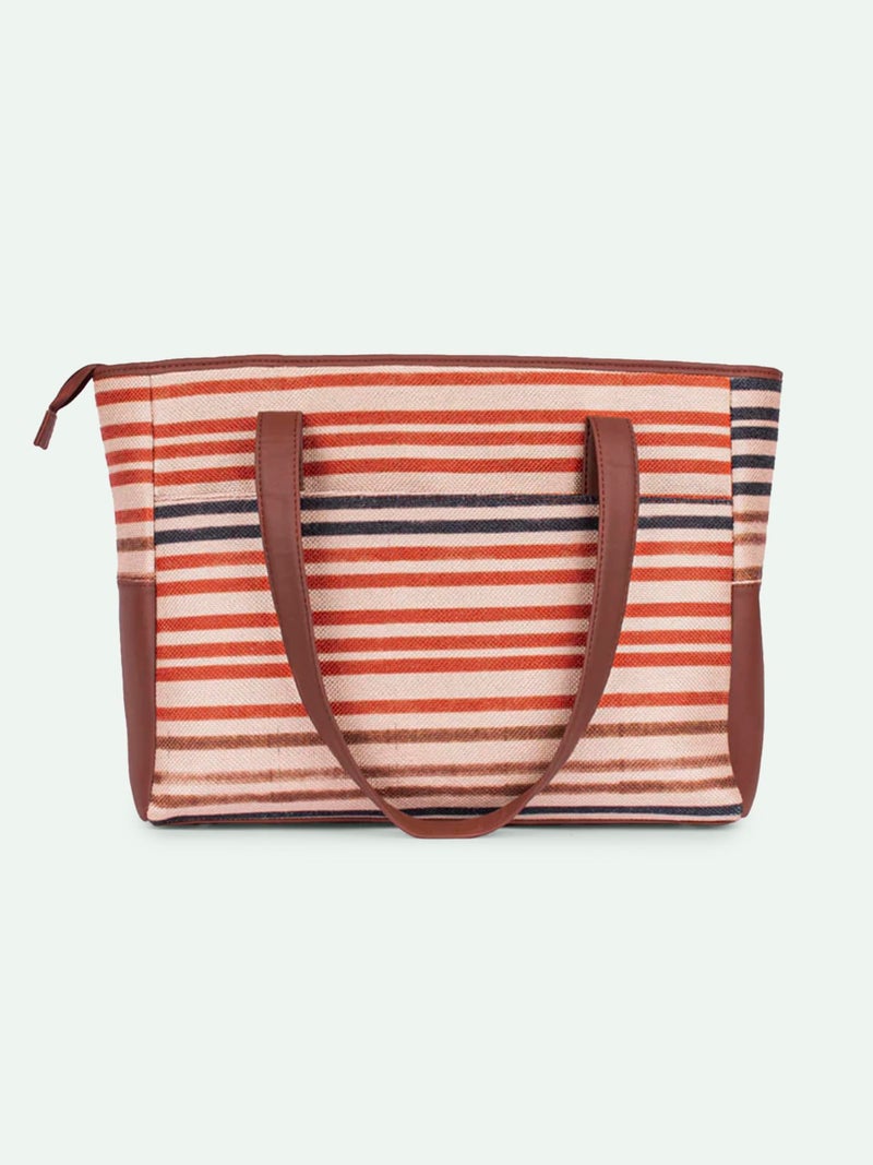 ZOUK Qutub Stripes Printed Jute Handcrafted Vegan Leather Multicolor Mother's Bag| Diaper Tote Bag - Image 4
