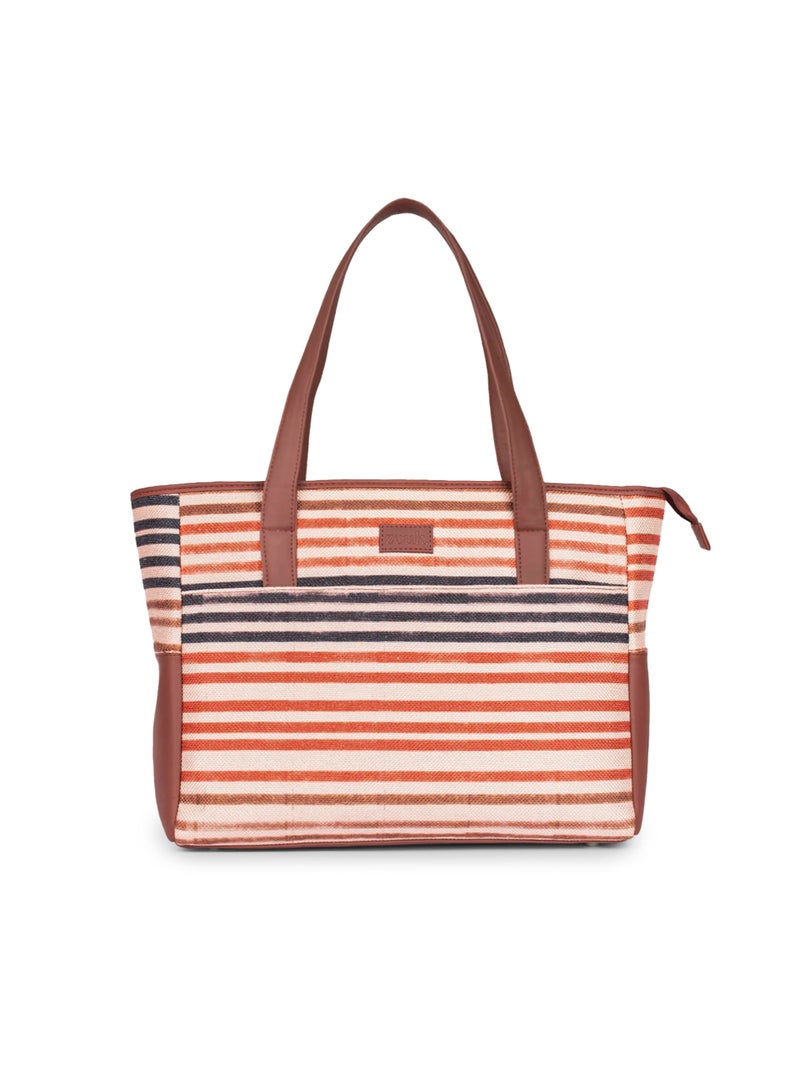 ZOUK Qutub Stripes Printed Jute Handcrafted Vegan Leather Multicolor Mother's Bag| Diaper Tote Bag - Image 1