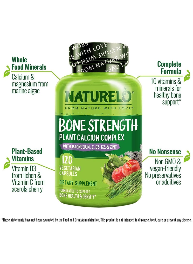 NATURELO - Bone Strength Plant Calcium Complex with Magnesium, C, D3, K2 & Zinc to Support Bone Health & Density Dietary Supplement 240 Vegetarian Capsules - Image 1