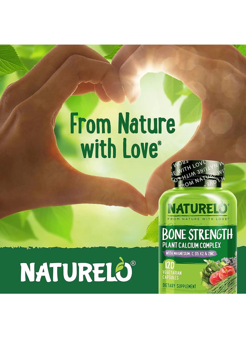 NATURELO - Bone Strength Plant Calcium Complex with Magnesium, C, D3, K2 & Zinc to Support Bone Health & Density Dietary Supplement 240 Vegetarian Capsules - Image 1