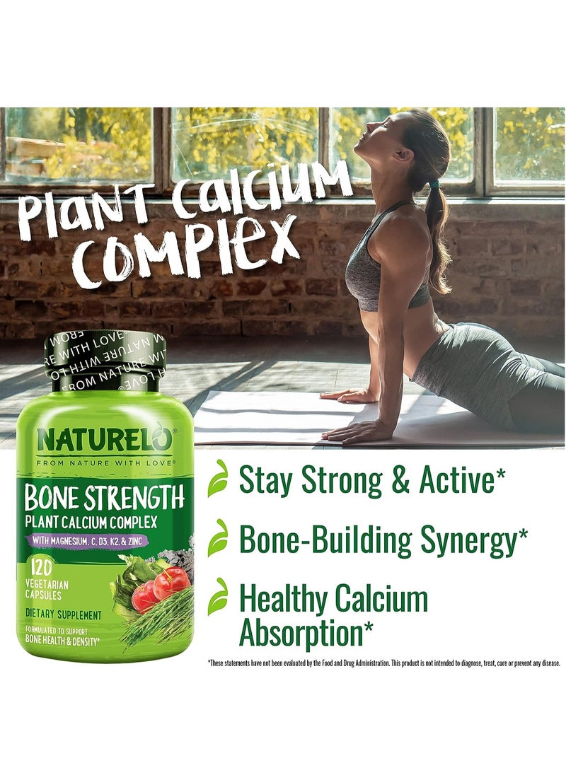 NATURELO - Bone Strength Plant Calcium Complex with Magnesium, C, D3, K2 & Zinc to Support Bone Health & Density Dietary Supplement 240 Vegetarian Capsules - Image 1