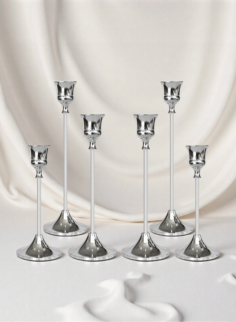 Set of 6 Sliver Candlestick Holders, Taper Candle Holder, for Candlesticks Vintage Modern Decorative Candle Stick Long Holder for Fireplace Party Dining Home - Image 1