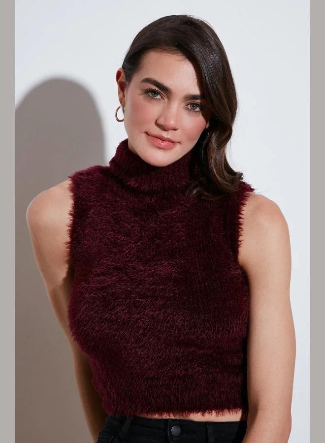 ليلا ليلى سويتر قصير بياقة عالية ناعم منفوش بقصة ضيقة للنساء