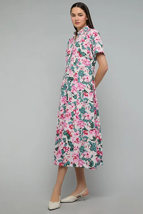 أر أند بي Floral Print Shirt Dress with Short Sleeves