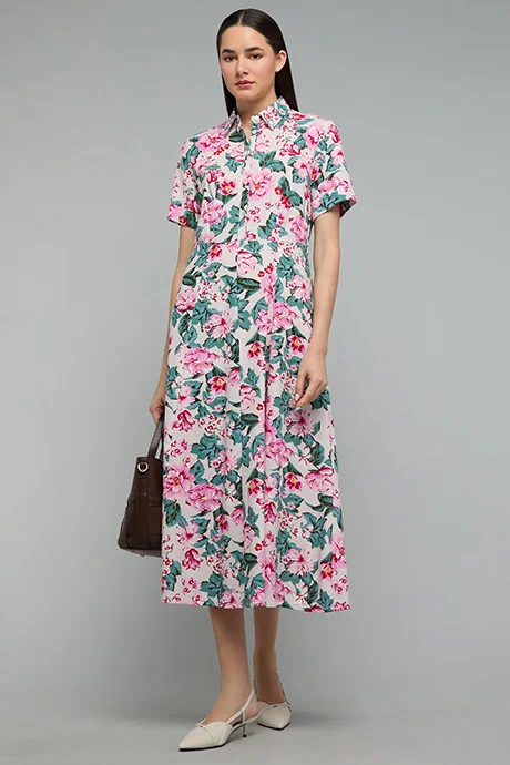 أر أند بي Floral Print Shirt Dress with Short Sleeves