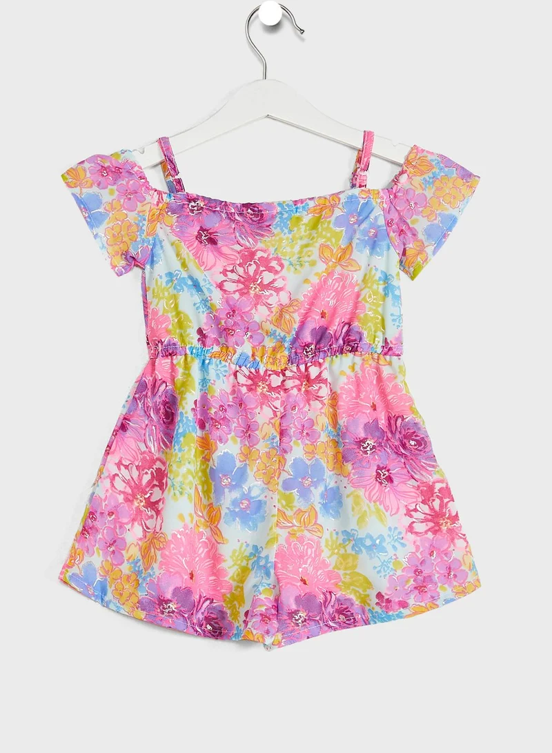 Nautinati Nauti Nati Girls Yellow Pink Off-Shoulder Printed Jumpsuit