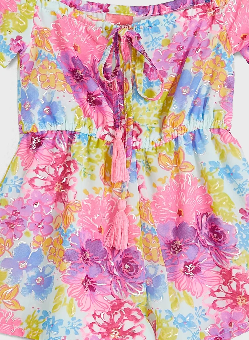 Nautinati Nauti Nati Girls Yellow Pink Off-Shoulder Printed Jumpsuit