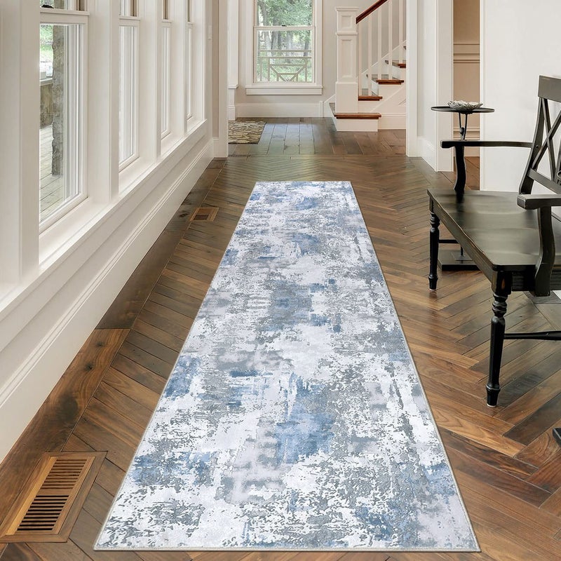 Famibay famibay Runner Rugs for Hallway 2x10 Runner Rug Non Slip Modern Hallway Rug Runner Printed Abstract Soft Low Pile Carpet Runners for Hallway Kitchen Entryway(Blue/Grey) - Image 1