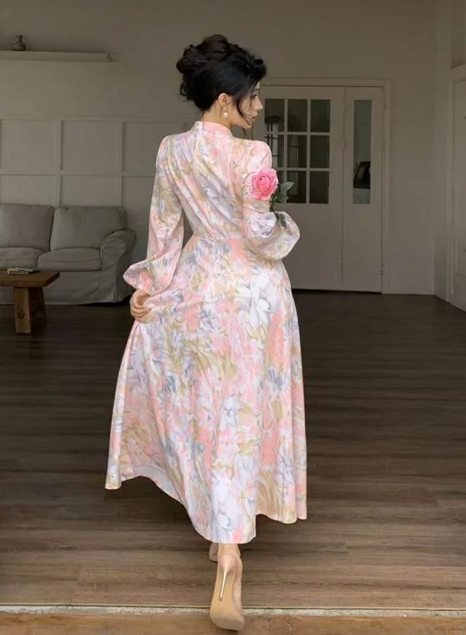 تايك تو فستان طويل مطبع بالكامل مع تفاصيل كشكش