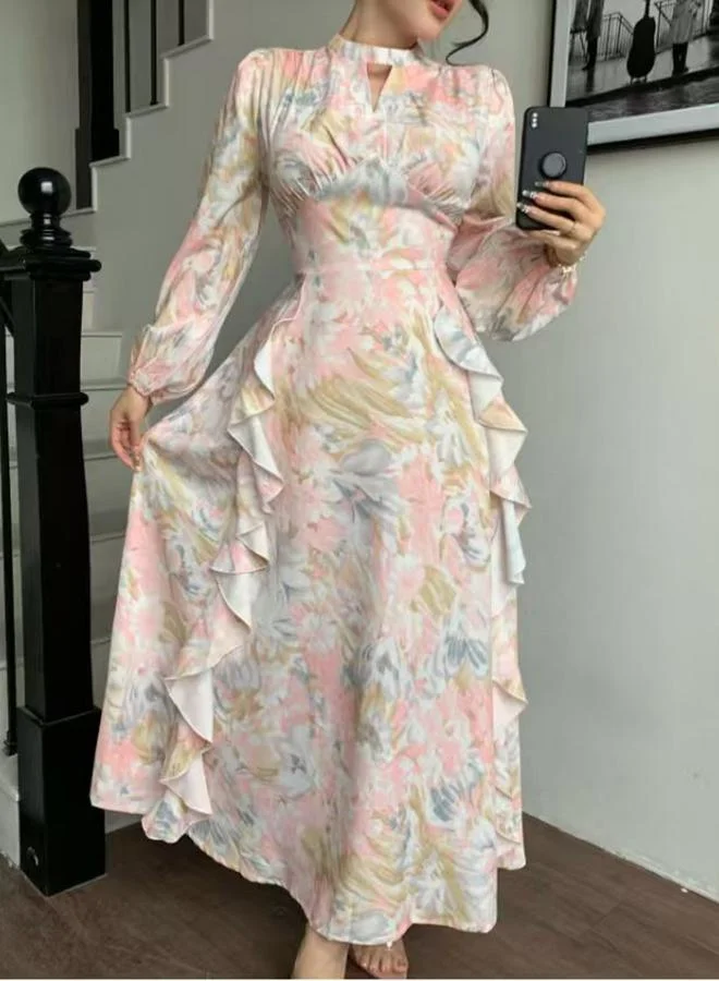 تايك تو فستان طويل مطبع بالكامل مع تفاصيل كشكش