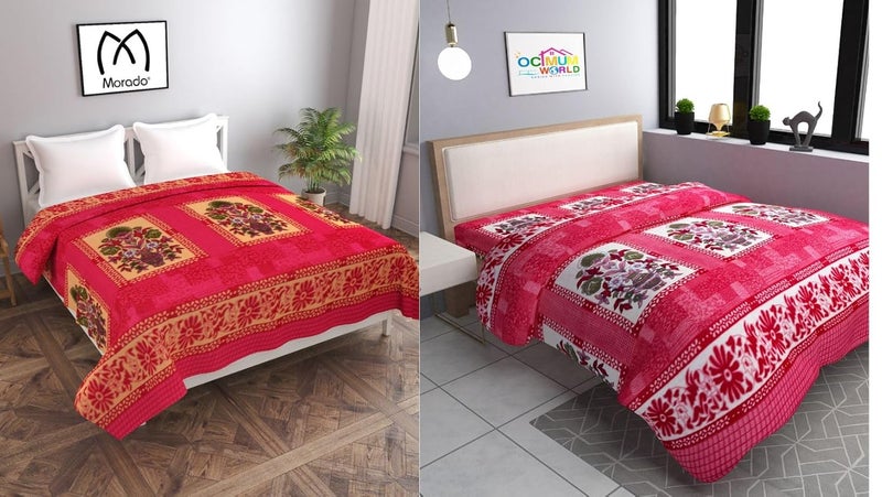 MORADO MORADO Single Bed Woolen Fabric Floral Quilt CoverDuvet CoverRajai CoverBlanket Cover for Winters 70x90 Inches Pink and Red Combo of 2 - Image 1