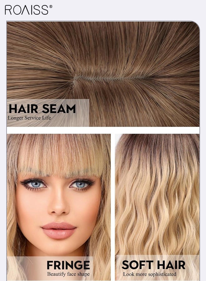 رويس باروكة شعر بني متدرج قصير ومموج للنساء مع غرة، شعر صناعي متعدد الطبقات طبيعي مقاوم للحرارة، مناسب للحفلات اليومية والتنكرية، بطول 35 سم (14 بوصة) - Image 4