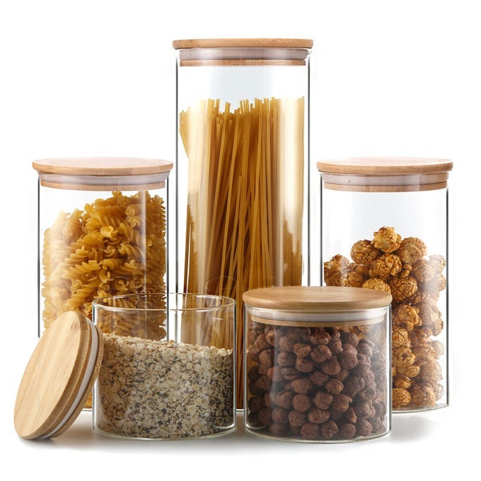 GLASS STORAGE JARS SET OF 5CLEAR GLASS FOOD STORAGE CONTAINERS WITH AIRTIGHT BAMBOO LID STACKABLE KITCHEN CANISTERS FOR CANDYCOOKIERICESUGARFLOURPASTANUTS AND SPICE JARS