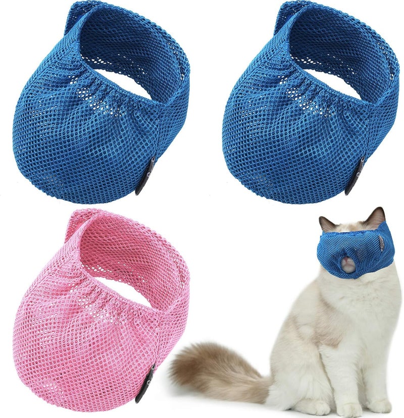 Weewooday 3 Pieces Cat Muzzles Breathable Mesh Muzzles Cat Grooming Restraint Bags with Muzzle Anti Bite Anti Meow for Prevent Cats from Biting (Blue, Pink) - Image 1