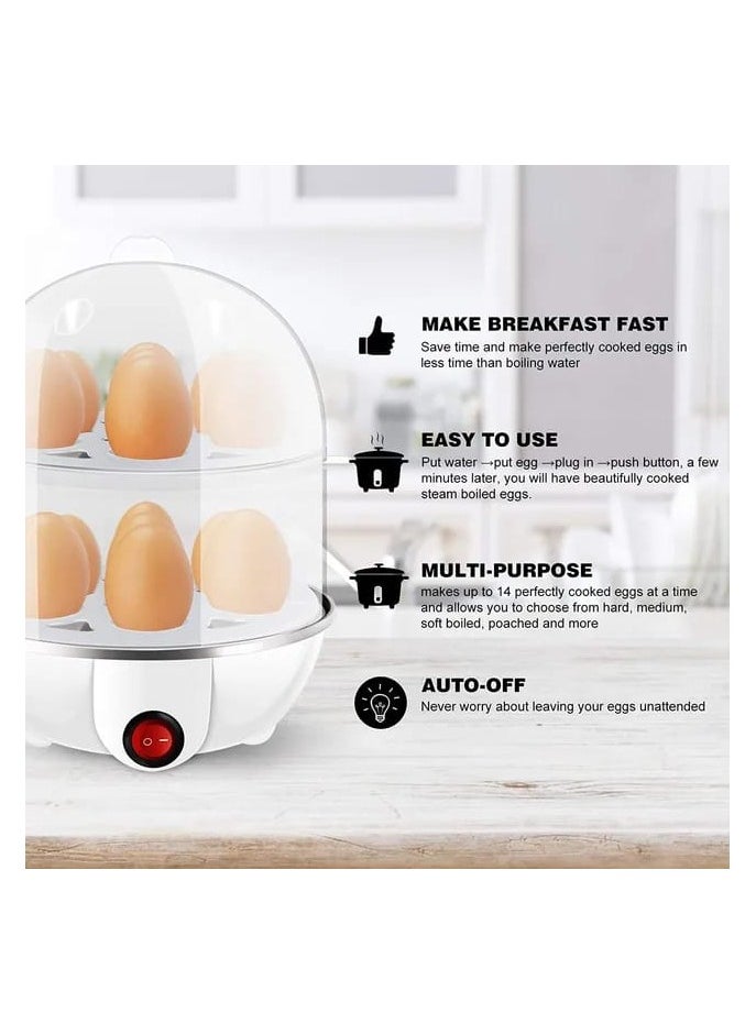 Egg Steamer, 350W Double-Layer Egg Boiler with 14 Egg Capacity, Rapid Electric Egg Cooker, for Boiled Eggs, Omelettes, Steamed Vegetables, and Seafood with Auto Shut-Off