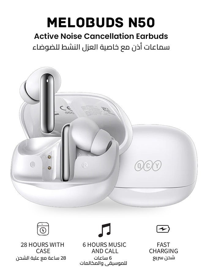 عربست سماعات أذن MeloBuds N50 ANC، تقنية إلغاء الضوضاء المزدوجة المتقدمة، جودة صوت محسنة، عمر بطارية طويل 28 ساعة، ملاءمة مريحة وآمنة، وضع الشفافية، عناصر تحكم باللمس ومقاومة للماء IPX5 - أبيض - Image 1