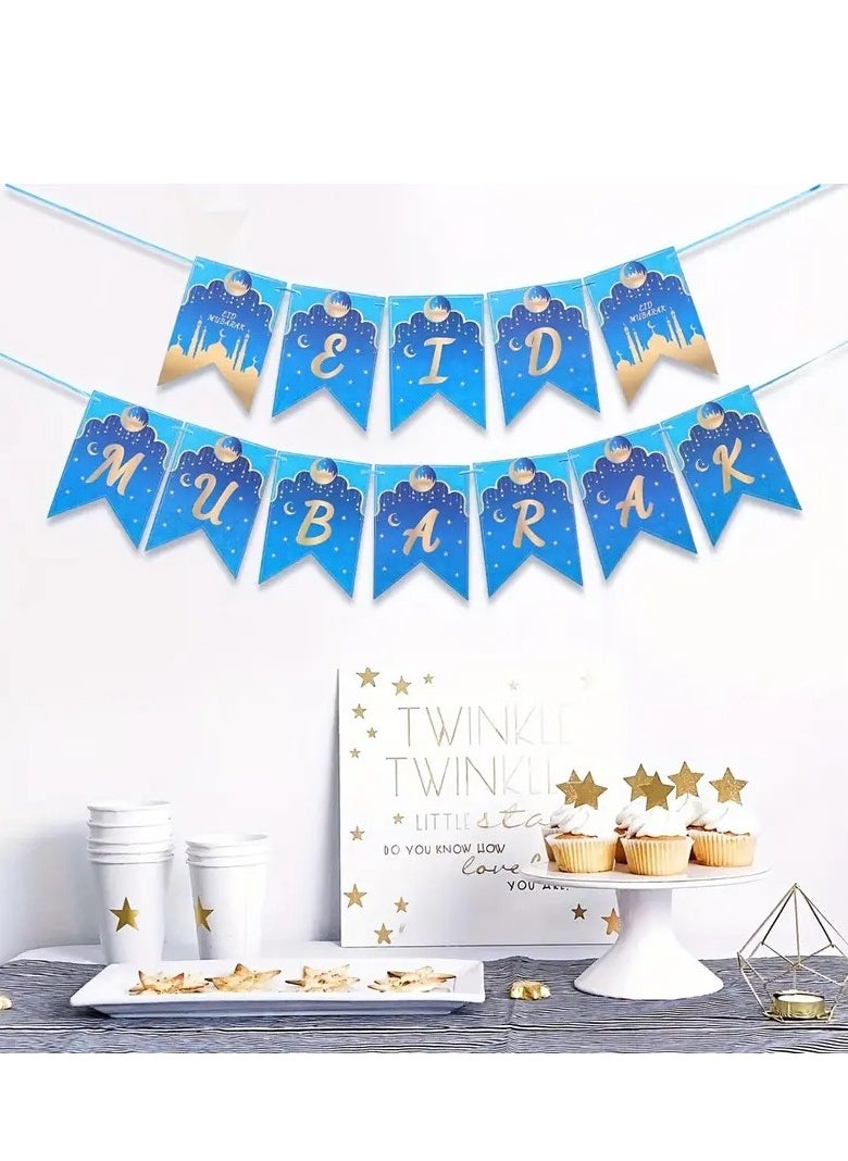 Home Care 1pc Eid Mubarak Hanging Banner, Islamic Muslim Party Supplies, Ramadan Decorations for Home, Classic Style Paper Pendants with Hanging Flags, No Electricity Required, for Eid Al-Fitr Celebrations 11.5X16 cm  - Image 5