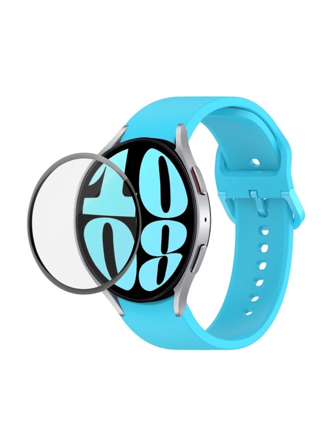 Replacement Strap For Samsung Galaxy Watch6 40mm JUNSUNMAY Silicone Adjustable Strap + Full Coverage PMMA Screen Protector Kit Sky Blue