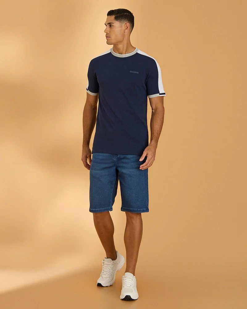 Redtag Men Navy Cut And Sew T-Shirt