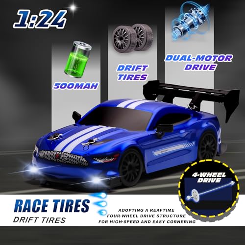 jaming 1:24 Scale RC Drift Car,4WD 2.4GHz High Speed Racing Hobby Sport Toy Car Vehicle with LED Lights,Racing and Drift Wheels for Adult Boys Girls Kids Gift (8602-Blue) - Image 4