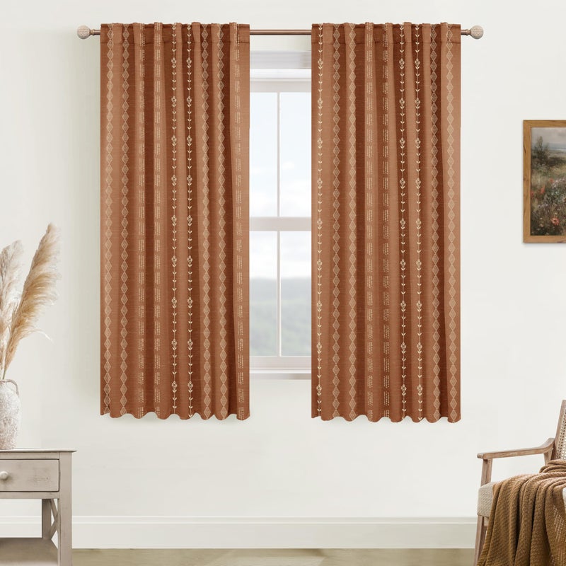 Lino Rosa Black Out Room Darkening Curtains 63 Inch Long for Bedroom Windows 2 Panel Set,Colorful Boho Chic Farmhouse Retro Hippie Terracotta Printed Pretty Blackout Curtains 63 Inch Length for Living Room - Image 2