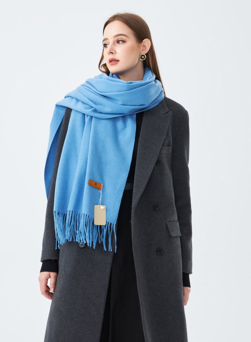 Sky cashmere Plain Wool Scarf with Tassels Warm and Soft Sky Blue  - Image 1