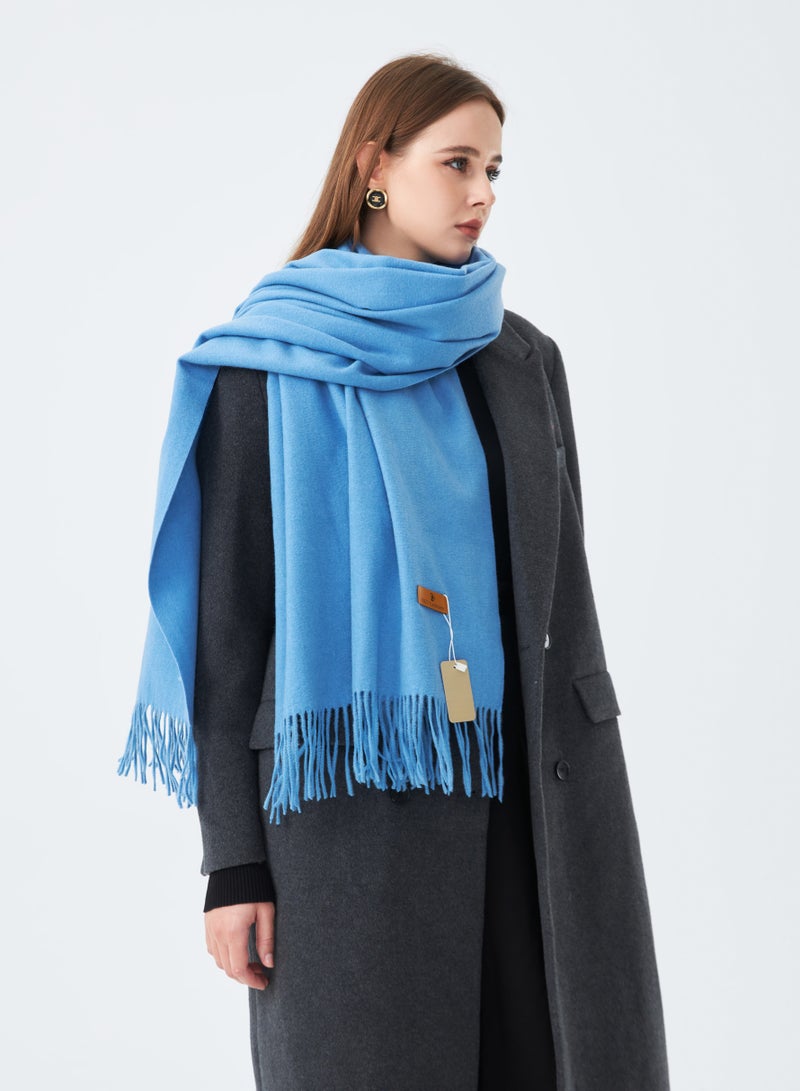 Sky cashmere Plain Wool Scarf with Tassels Warm and Soft Sky Blue  - Image 2